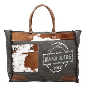 Myra 100% handmade print genuine Cowhide, canvas and leather weekender tote Grey